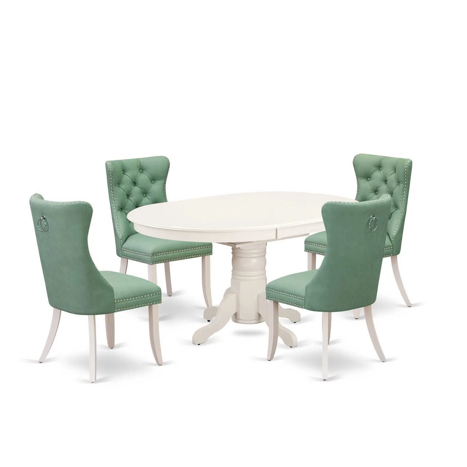 HomeStock 5 Piece Kitchen Set Consists Of An Oval Dining Table With Gothic Grace Leaf And 4 Upholstered Chairs, Linen White