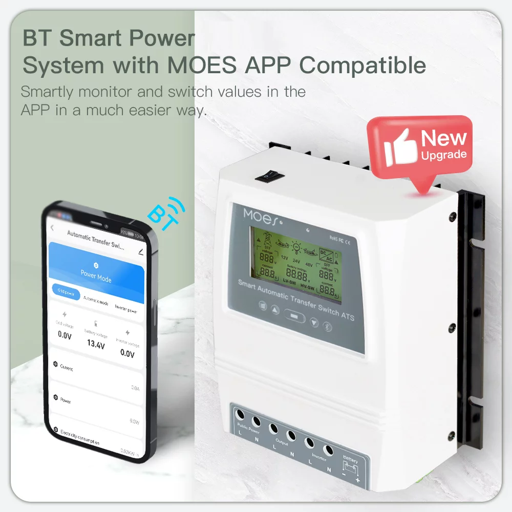 MOES BT Intelligent Dual Power Controller 80A 16KW ATS Automatic Transfer Switch for Off-Grid Solar Wind System Switching Between 12/24/48V 110/220V Support APP Remote Control