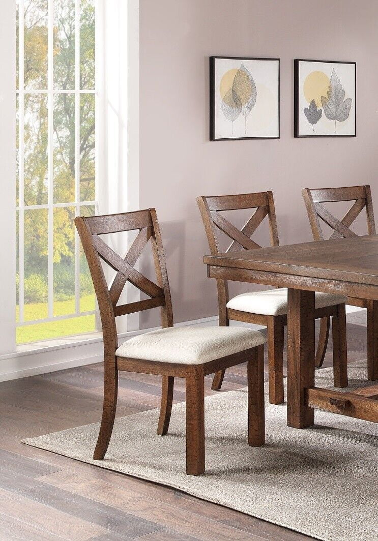 Modern Unique 7pc Dining Set Table 6x Side Chairs Cushion Upholstered Solid wood Kitchen Dining Room Furniture Natural Finish