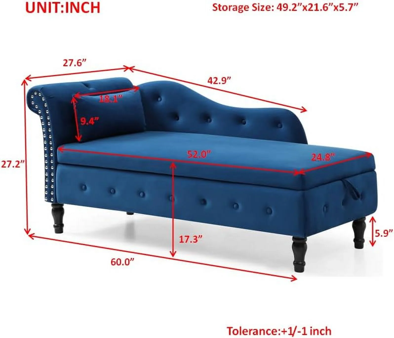 YZboomLife 60" Chaise Lounge Indoor Upholstered  Chaise Lounge Chair with Pillow， Lounge Chair for Living Room Bedroom Legs Solid Wood (Blue)