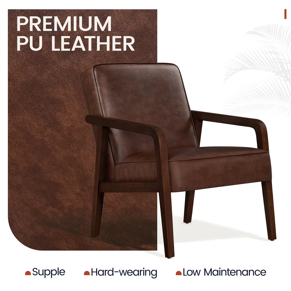 Topeakmart Modern Upholstered Faux Leather Accent Armchair with Solid Wood Frame, Dark Brown