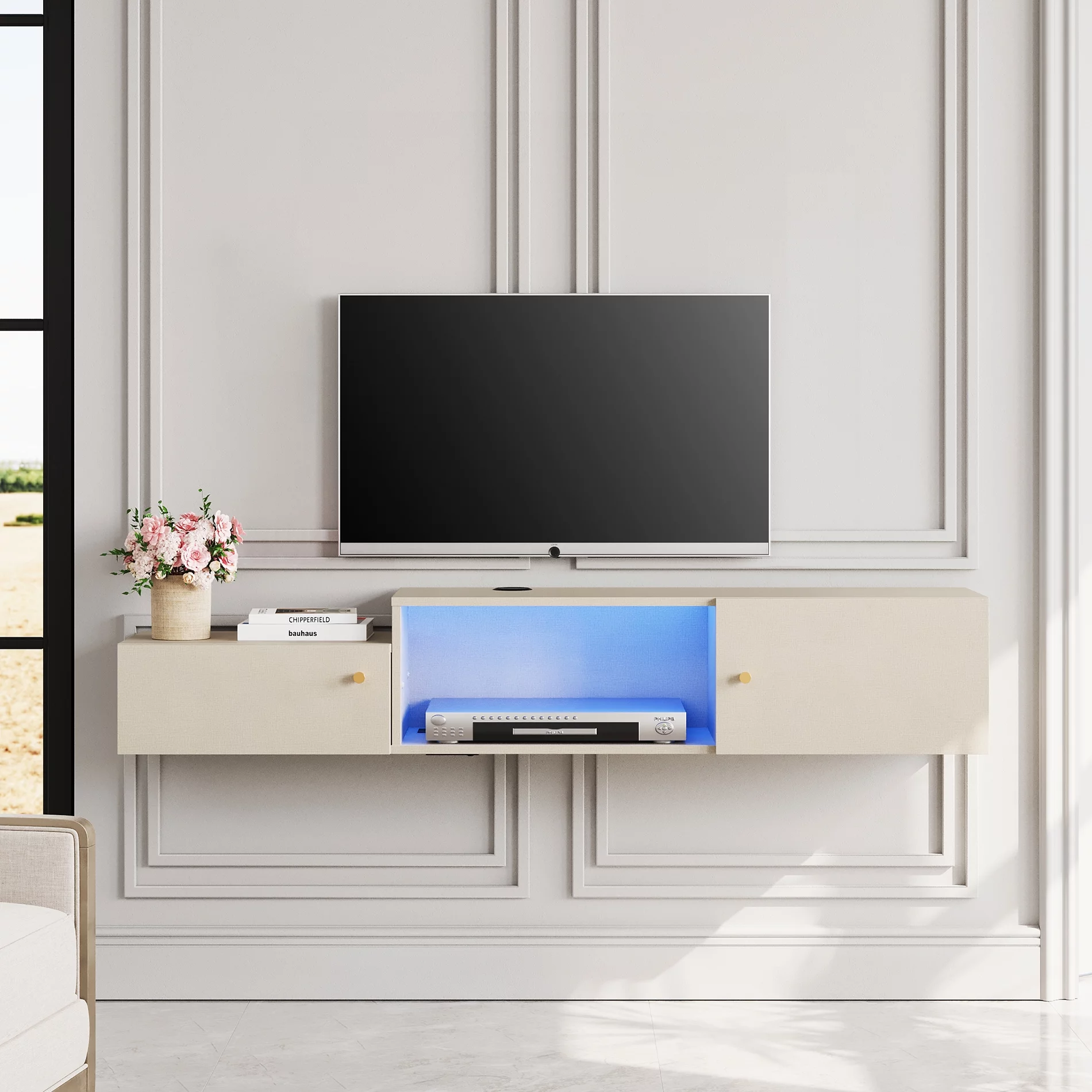 Floating Entertainment Center with Charging Station, Wall Mounted TV Stand with Blue Light, Media Console Center with Storage, Modern Shelf Hanging Hutch Component Under TV,59''