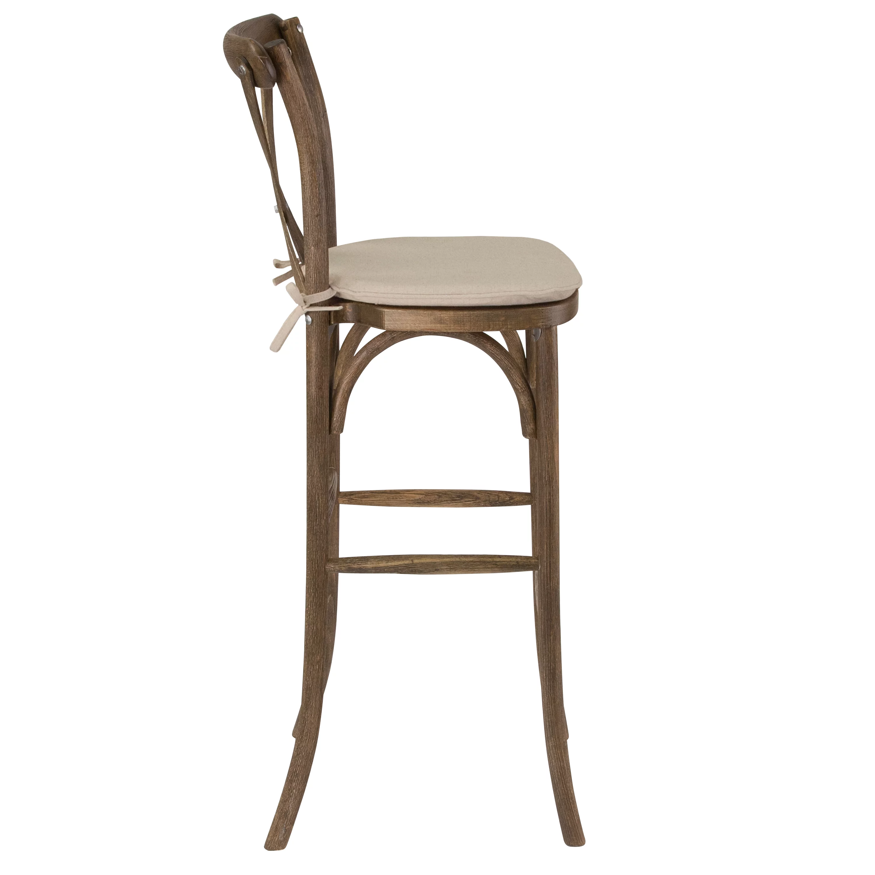 BizChair Dark Antique Wood Cross Back Barstool with Cushion