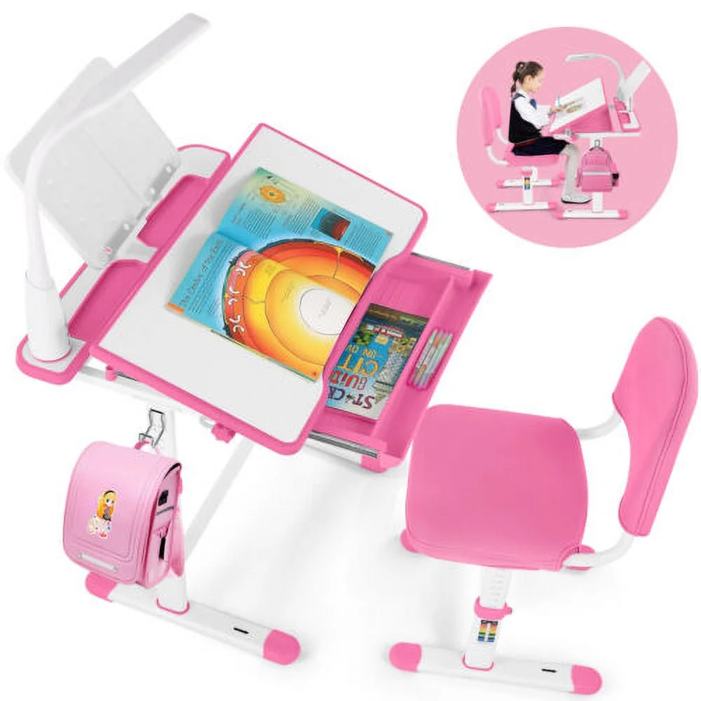 COSVALVE Height Adjustable Kids Study Desk & Chair Set Children Girl Table Large Writing Board Desk with LED Lamp,Drawer,Bookstand,Chair Cover(Pink)