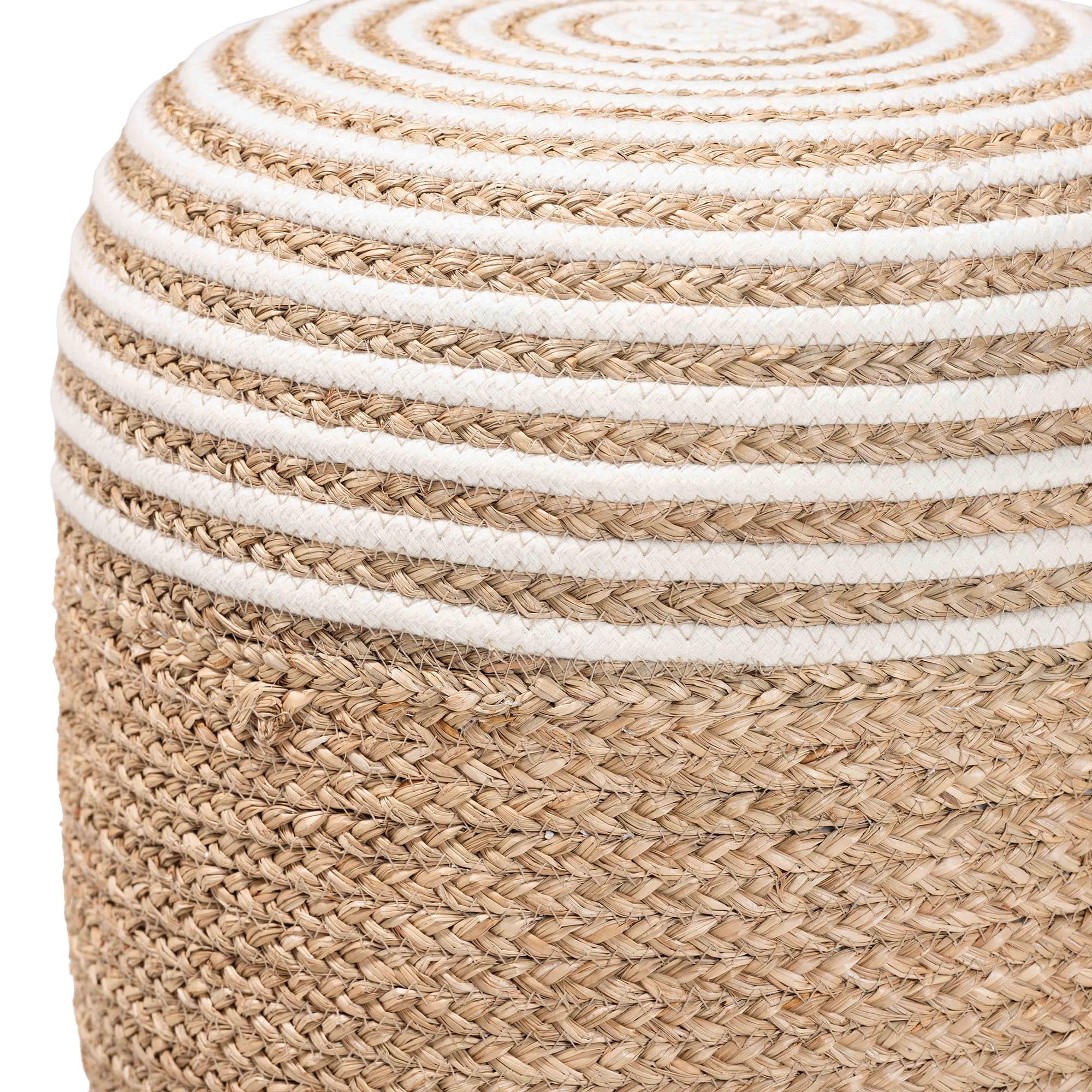 bali & pari Nequiel Modern Bohemian Natural Brown Seagrass and Woven Rope Ottoman Footstool