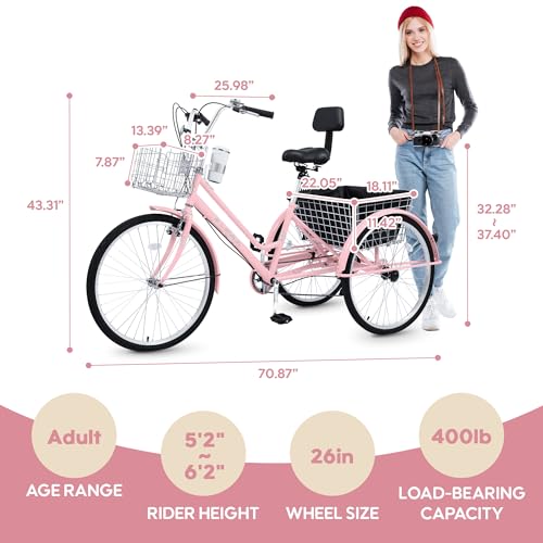 26 Inch Tricycle for Adults, 7 Speed Beach Cruiser Bike Adult Tricycles for Women Men, 3 Wheel Bikes for Adults Large Seat with Backrest, Three Wheel Bikes with Front & Rear Baskets