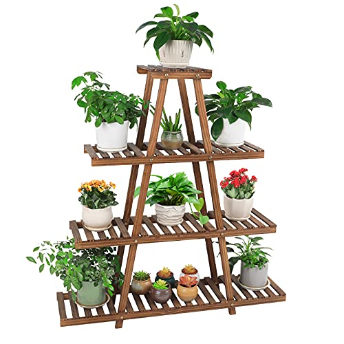 Ufine 4 Tier Wood Plant Stand Indoor Outdoor A Frame Plant Display Shelf for Multiple Plants Flower Pot Holder Rack, Living Room Balcony Patio