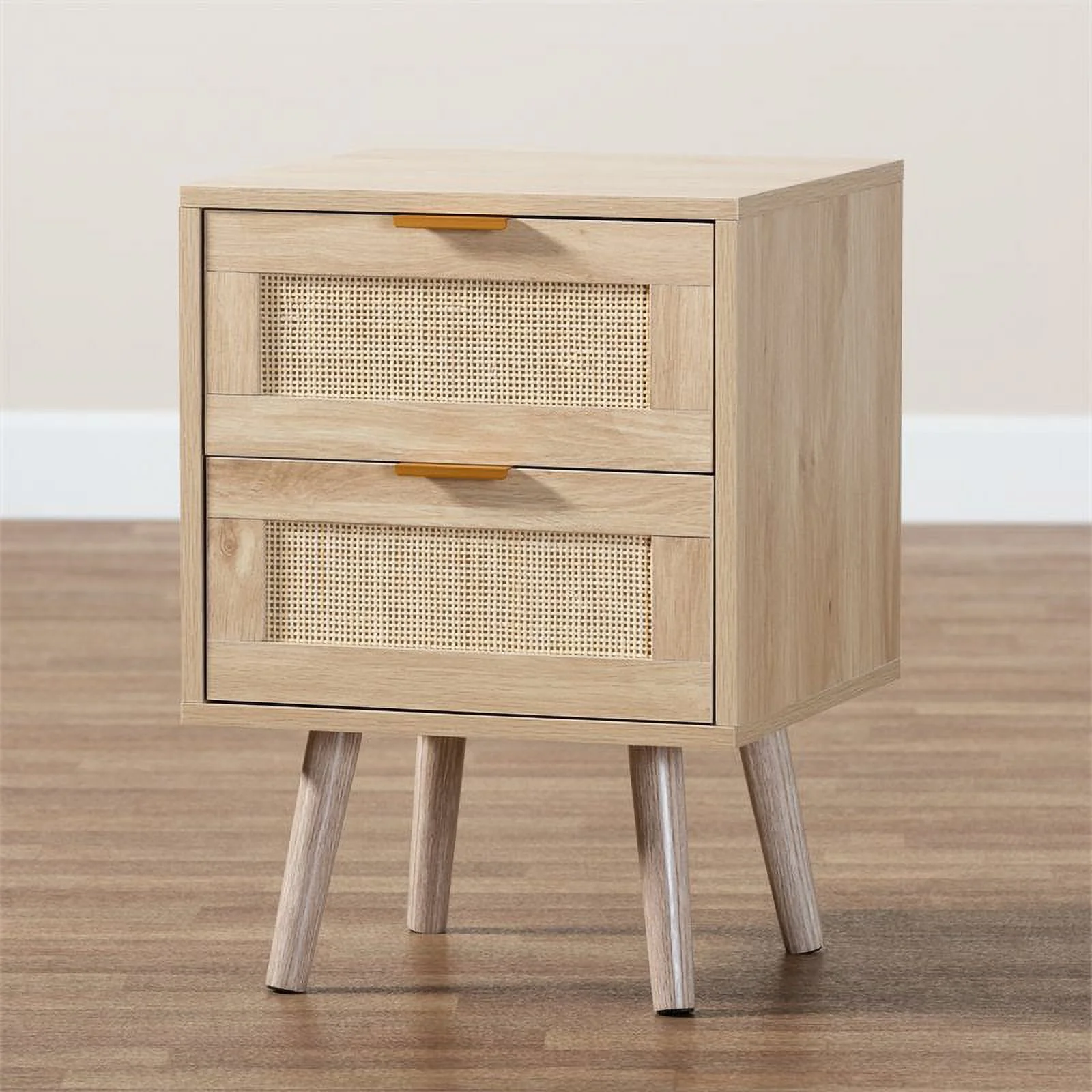 Bowery Hill Light Oak Brown Finished Wood and Rattan 2-Drawer Nightstand