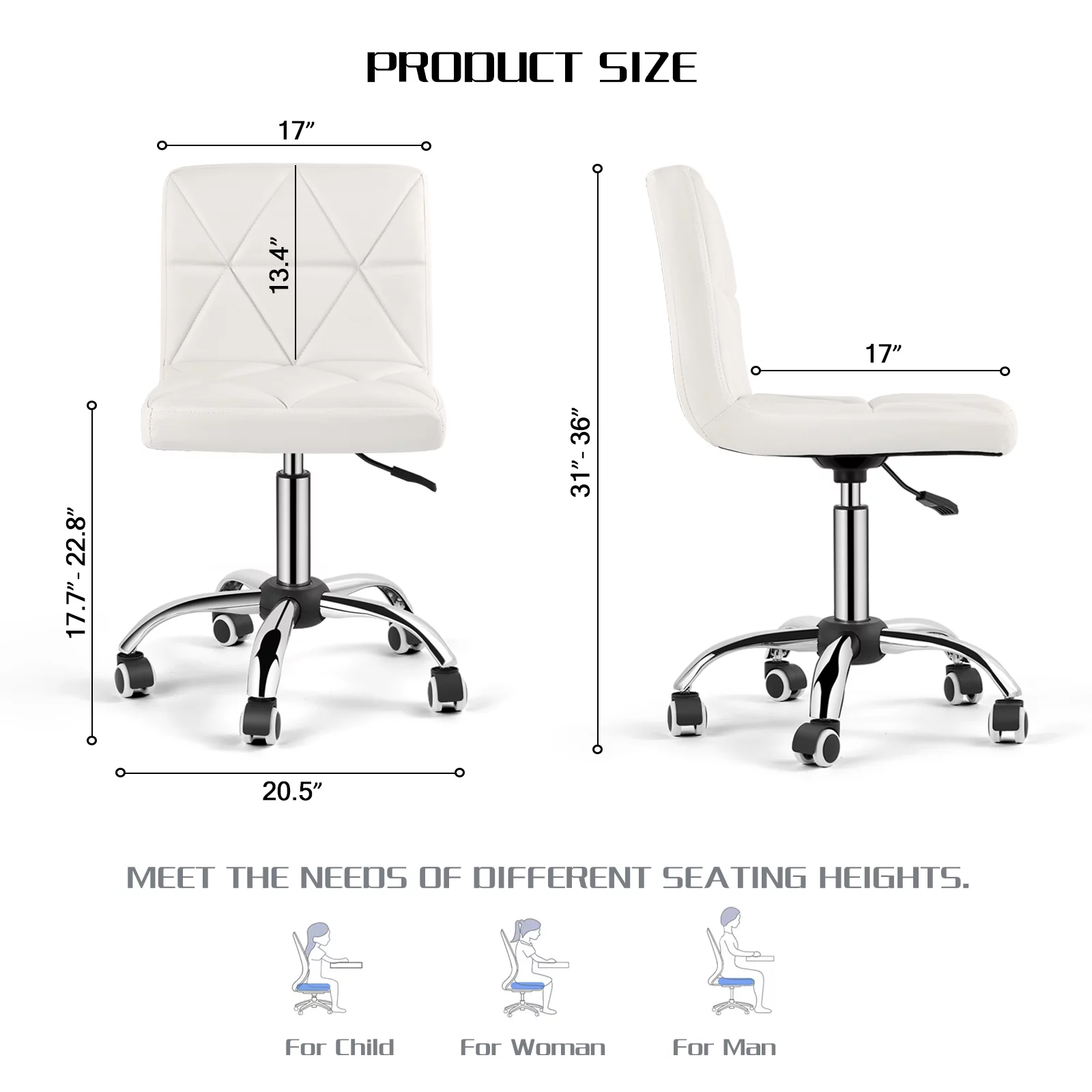 COSVALVE Armless Desk Chair Low Back Swivel Barber Chair Office Task Computer (White)