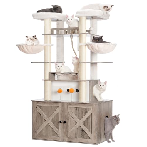 Heybly Cat Tree for Maine Coon with Litter Box Enclosure, 72-inch Wooden Cat Tower for Indoor Cats Large Adult, Big Condo with Food Station, Baskets, Furniture with All-sisal Scratching Post HCT112WB