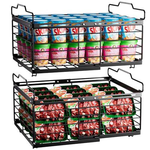 Freezer Organizer Bins, 2 Pack Stackable Deep Freezer Organizer Bins, Large Expandable Chest Freezer Containers with Handle, Metal Adjustable Storage Baskets for Kitchen, Pantry (Black)