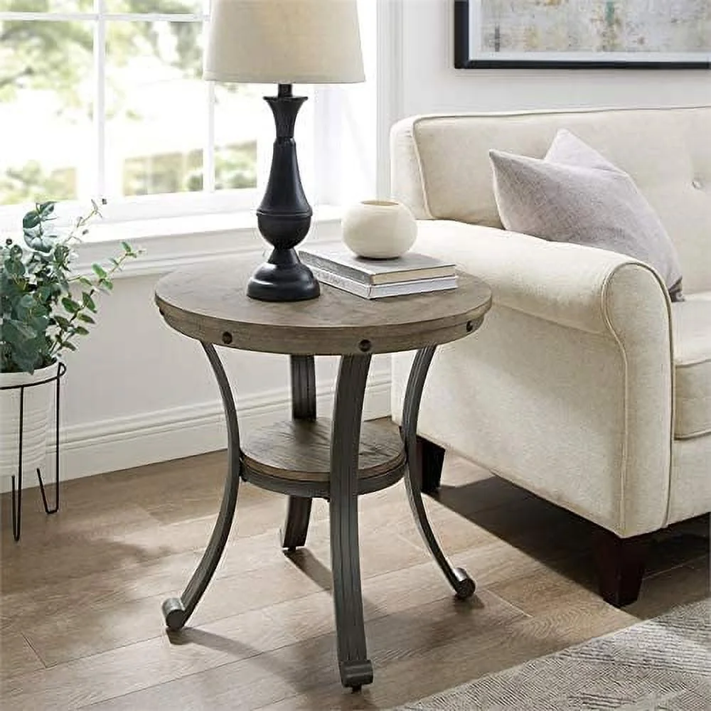 Linon Metal And Wood Round Side Accent Table In Pewter