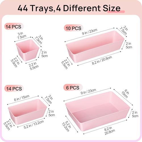 Vtopmart 44 PCS Clear Plastic Drawer Organizers Set, 4-Size Versatile Bathroom and Vanity Organizer Trays, Non-Slip Storage Containers for Makeup, Jewelries, Bedroom，Kitchen Utensils and Office