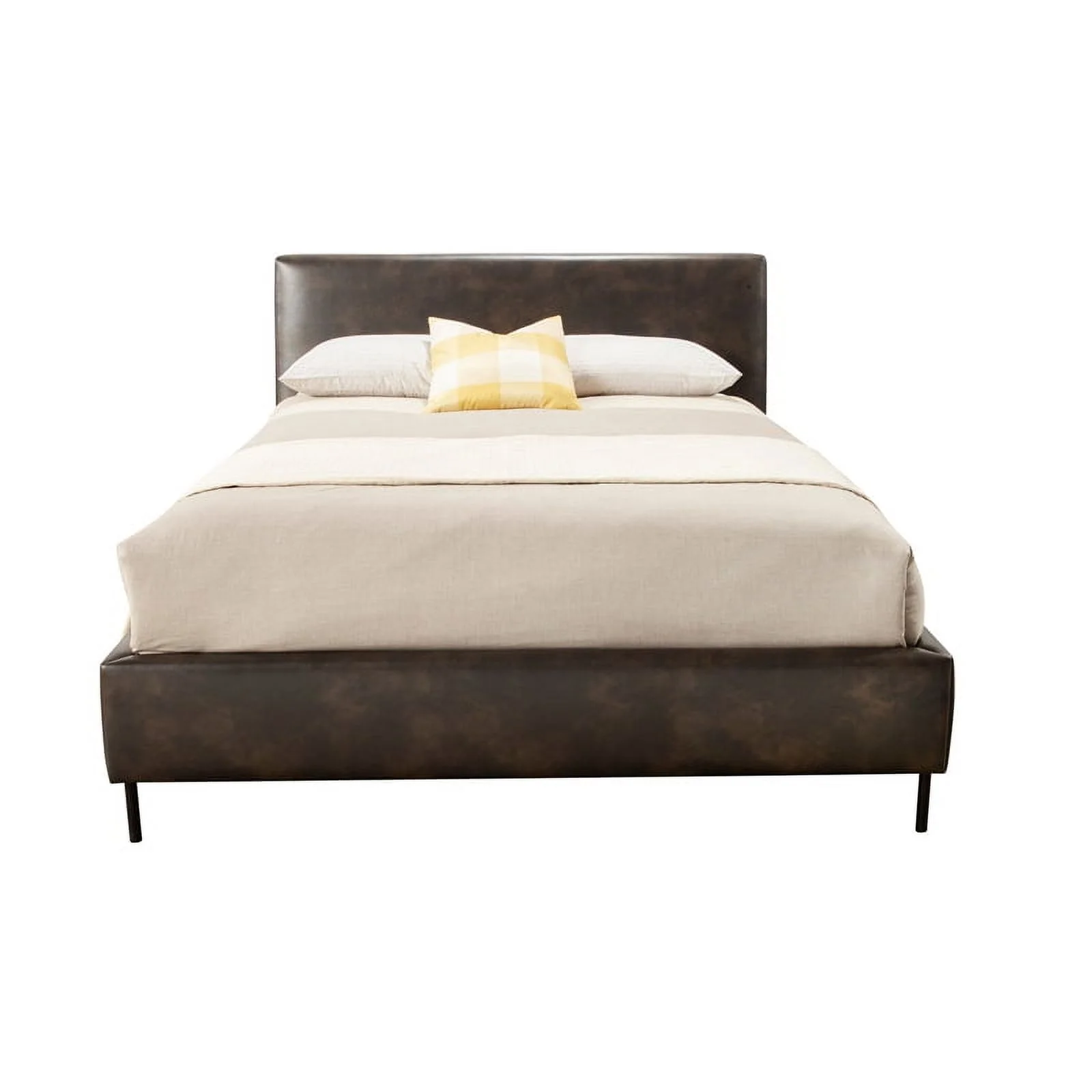 Benzara Upholstered Faux Leather & Solid Wood King Bed with Metal Legs in Gray