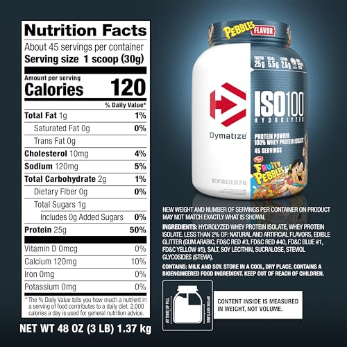 Dymatize x Fruity Pebbles ISO100 Whey Protein Powder Isolate, 25g of Protein, 20 Servings, 5.5g BCAAs, 120 Cal., Gluten Free, 1g Fat, 1g Sugar, 2g Carb