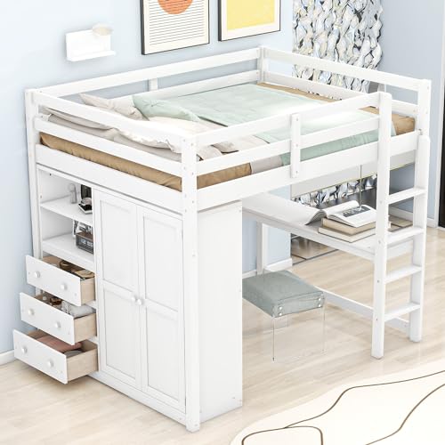Full Size Loft Bed - Wooden High Loft Bed Frame with Desk, Wardrobe, Storage Shelves and Drawers, Modern Solid Wood Loft Bed Frame, Space Saving Design for Bedroom Dormitory Guest Room, White