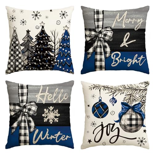 AVOIN colorlife Merry Christmas Joy Xmas Trees Brown Throw Pillow Covers, 18 x 18 Inch Christmas Winter Holiday Cushion Case Decoration for Sofa Couch Set of 4