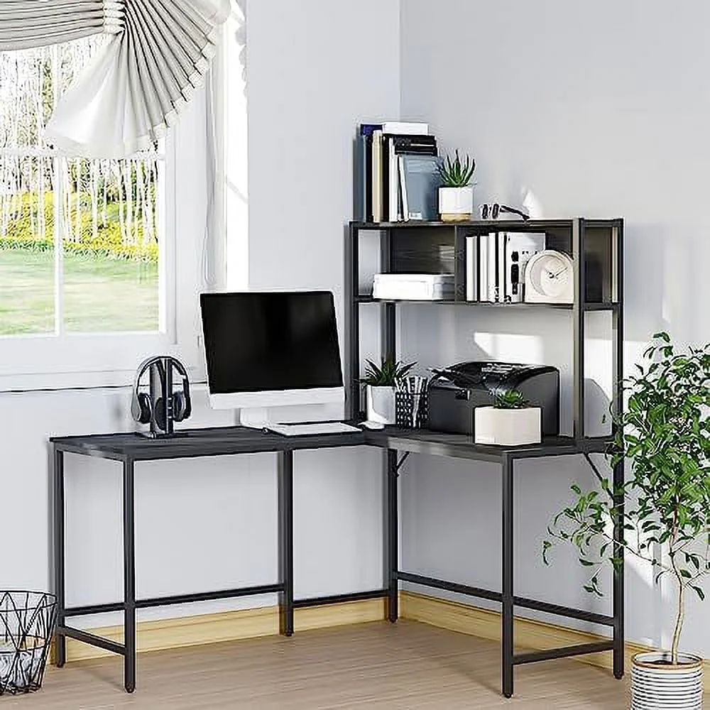 KHBIULIFE 55 Inch L Shaped Computer Desk with Hutch  Corner Desk for Home Office and Study  Writing Workstation with 2  Compartments  Black