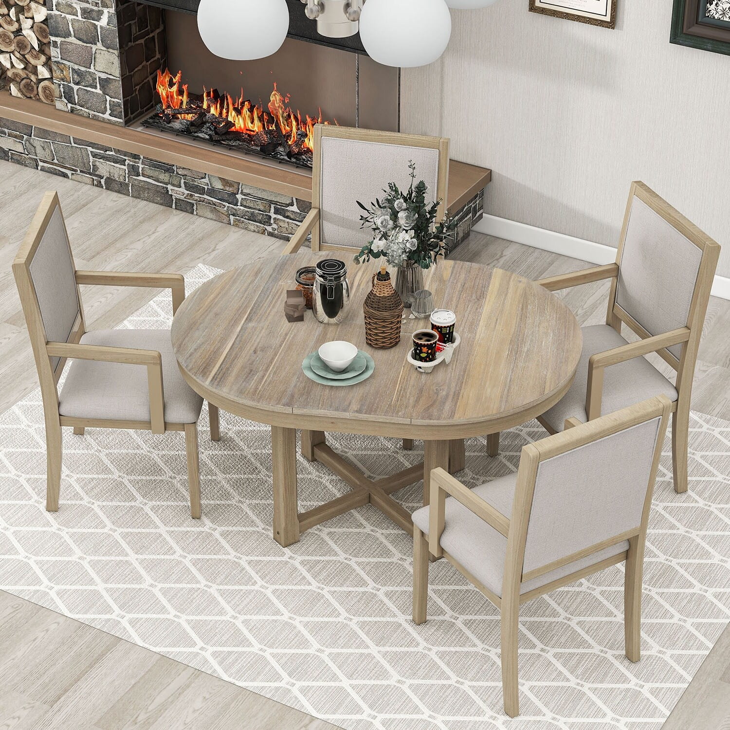 5-Piece Dining Table Set, Extendable Butterfly Leaf Wood Dining Table Natural Wood Wash
