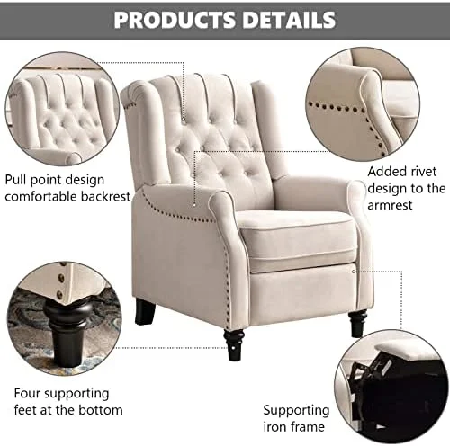 RUNFAYBIU Push Back Recliner Chair  Elizabeth Fabric Recliner with Tufted Back Home Theater Seating w/Padded Seat and Nailhead Trim  Wooden Legs  White