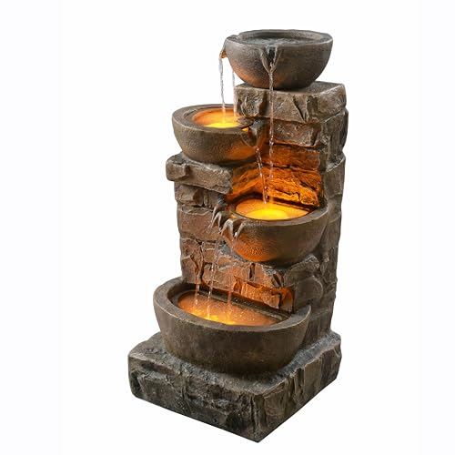 Teamson Home 33.25 in. Cascading Bowls and Stacked Stones LED Outdoor Water Fountain for Gardens, Landscaping, Patios, Balconies, and Lawns for a Calming Oasis in Outdoor Living Spaces, Stone Gray