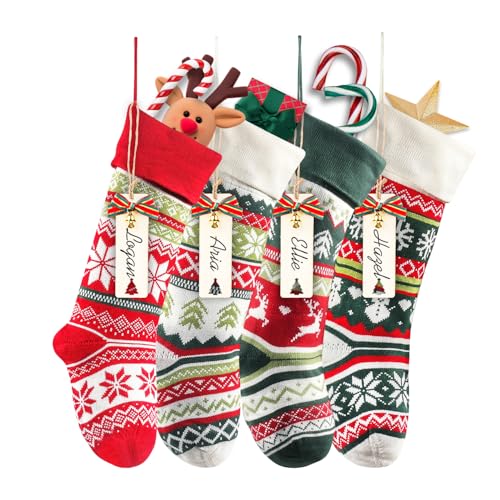 Knit Christmas Stockings,4 Pack 22 Inches Snowflake Reindeer Snowman Personalized Cable Knit Stockings for Christmas Candy Gifts Decor
