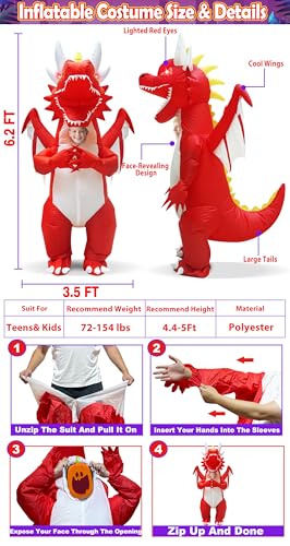 Halloween Red Dragon Inflatable Costume for Kids, Blow Up Full Body Costume Inflatable with 2 LED Red Eyes and Visible Face for Halloween Cosplay Party