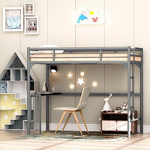 Twin XL Loft Bed with Stairs and L-shaped Desk, Metal Loft Bed Frame with Wardrobe and Shelves, Loft Beds with LED Lights and USB for Kids, Teens, Adults, No Spring Box Needed, White