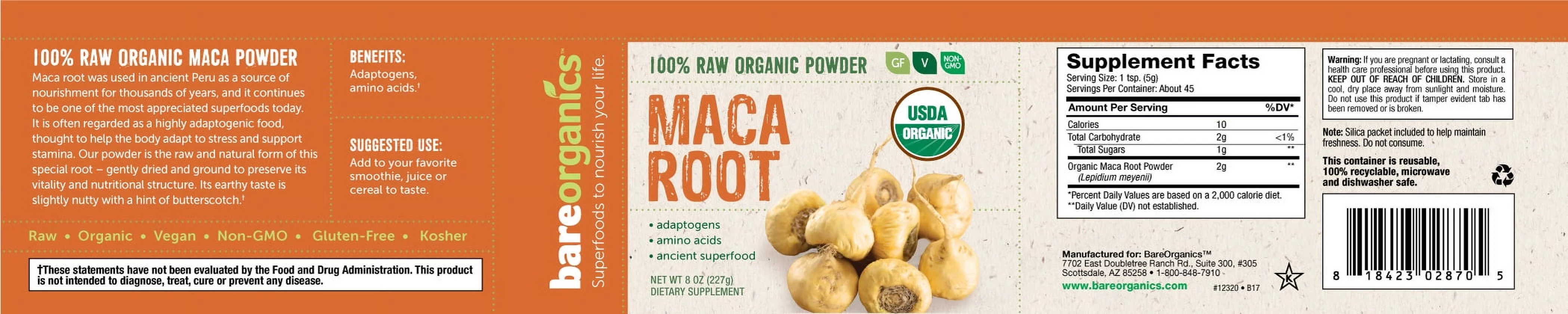 BareOrganics Organic Maca Superfood Powder, 8 Oz