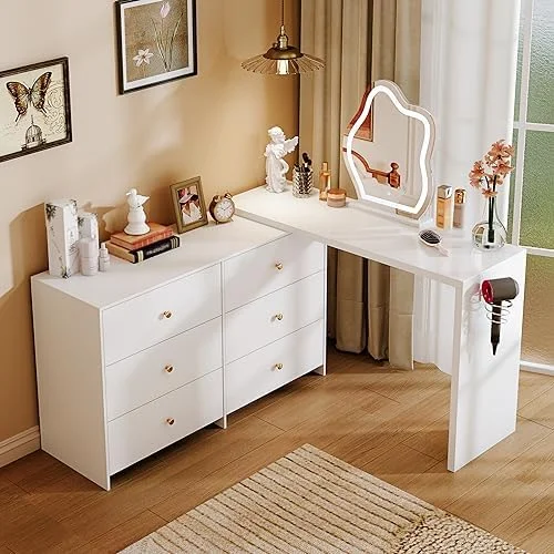 RUNFAYBIU Modern Corner  Vanity Table with LED Mirror and 6 Spacious Drawers with Cabinet Retractable Dressing Table Laptop Writing Desk  3-Sections Silent Slides Gift for Girls and Women