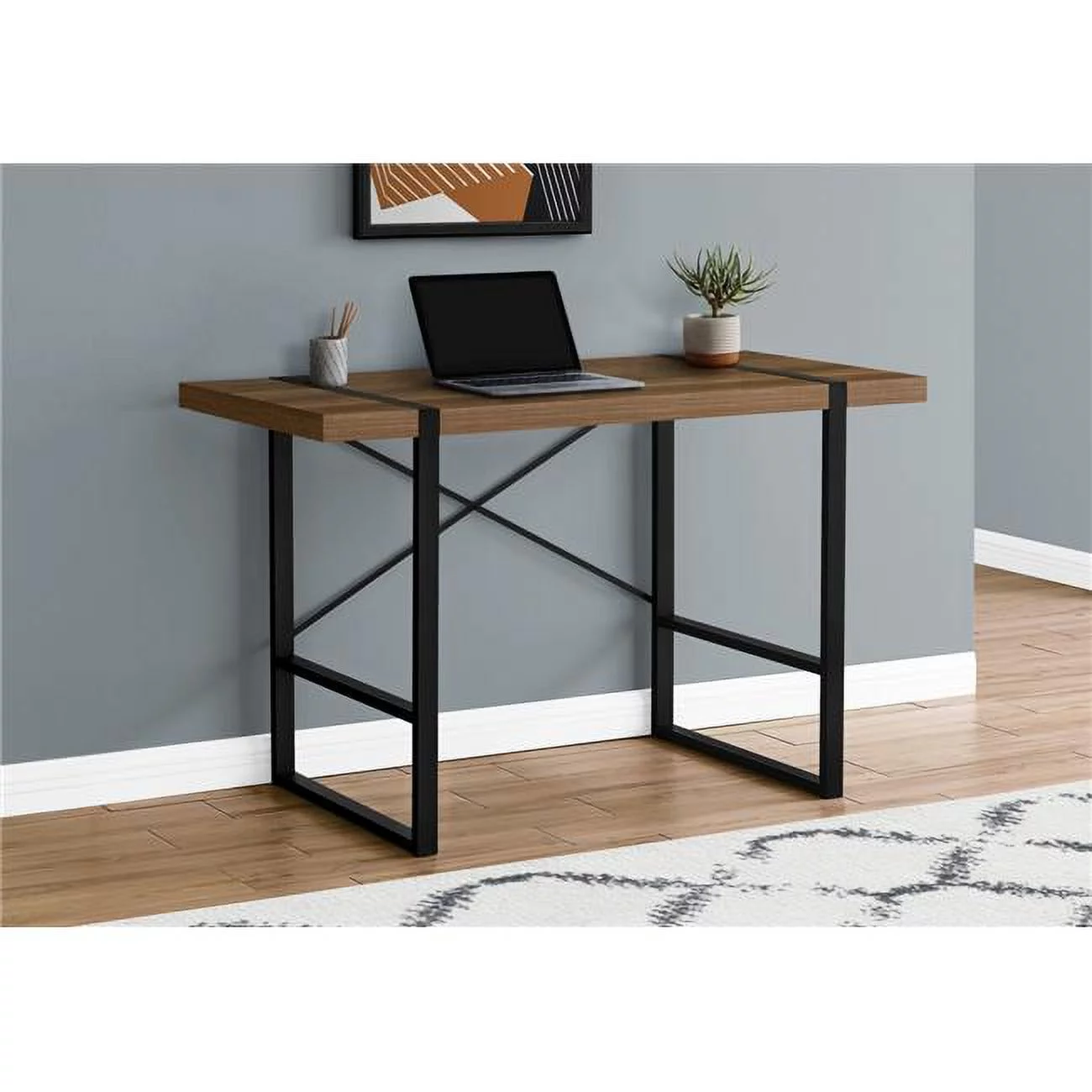 48 in. Metal Computer Desk, Walnut - Black