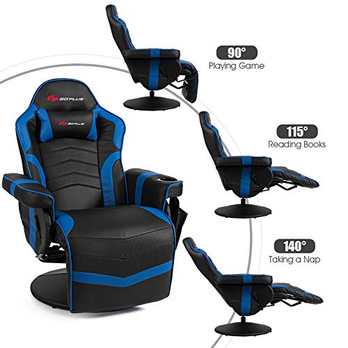 Gaming Recliner Adjustable Massage Gaming Chair with Cup Holder Footrest Ergonomic Single Sofa Living Room Home Theater Seating with Side Pouch, Blue