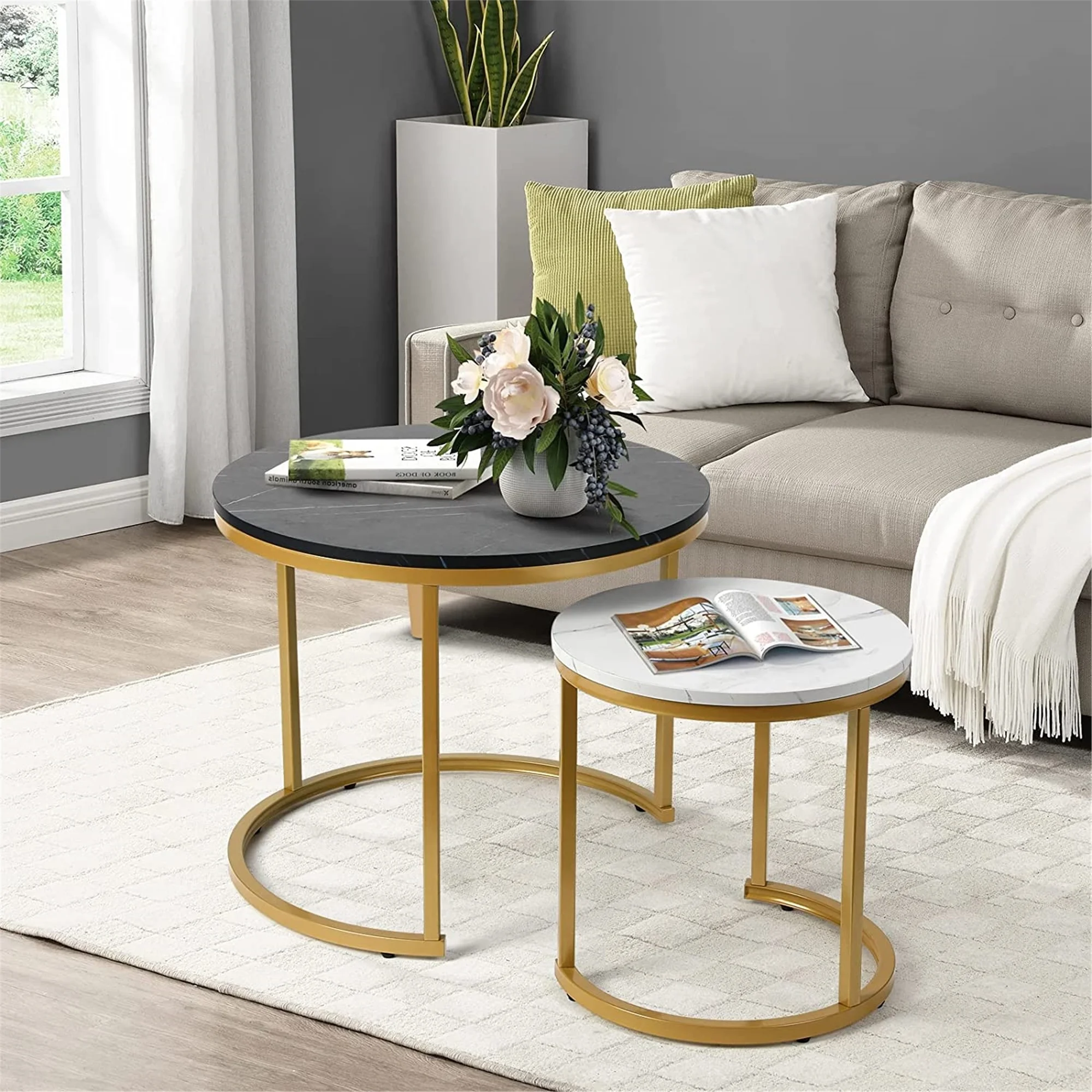 Modern Round Nesting Tables with Metal Frame (Set of 2) (White & Black)