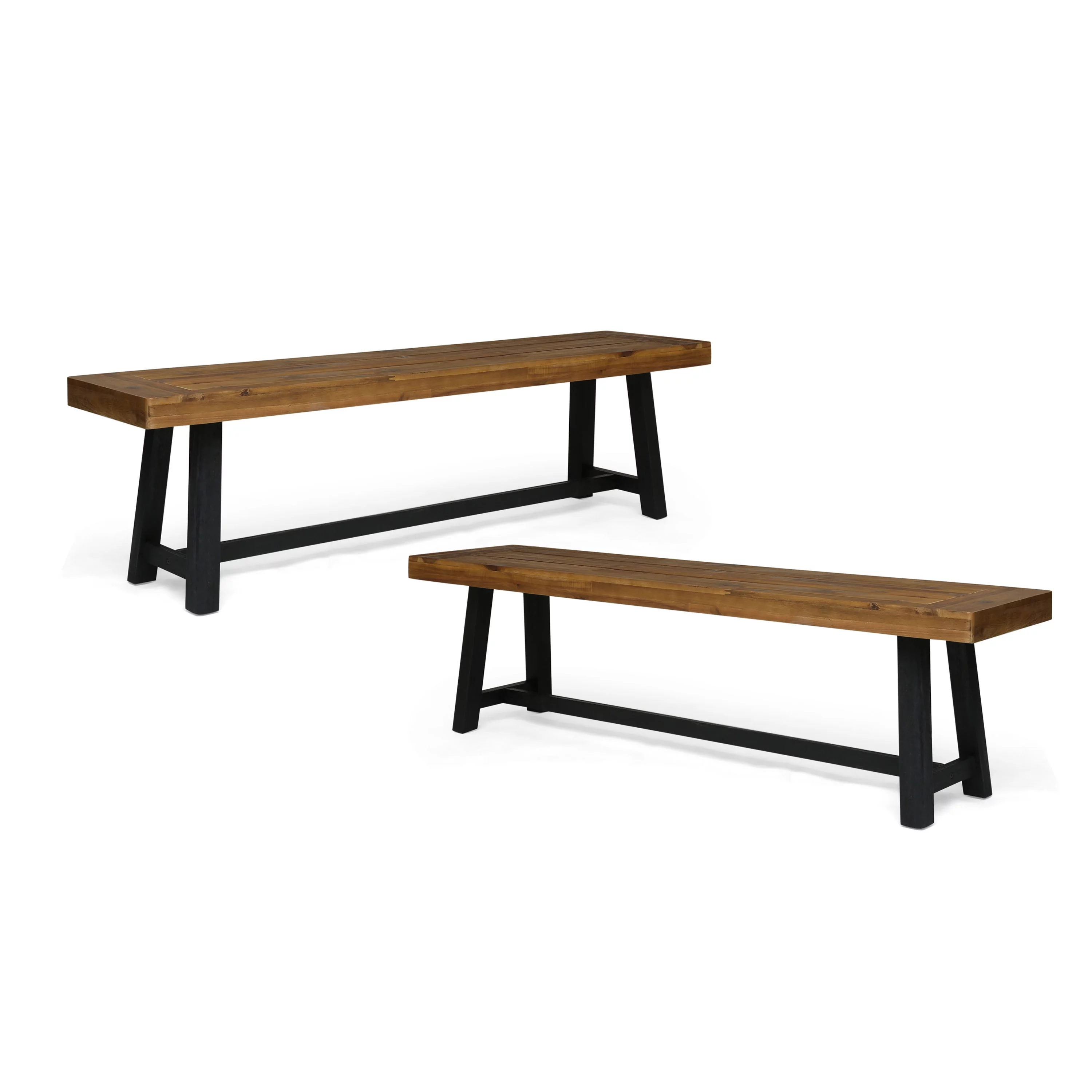 GDF Studio Foster Outdoor Acacia Wood Bench, Sandblasted Teak, Black, Set of 2