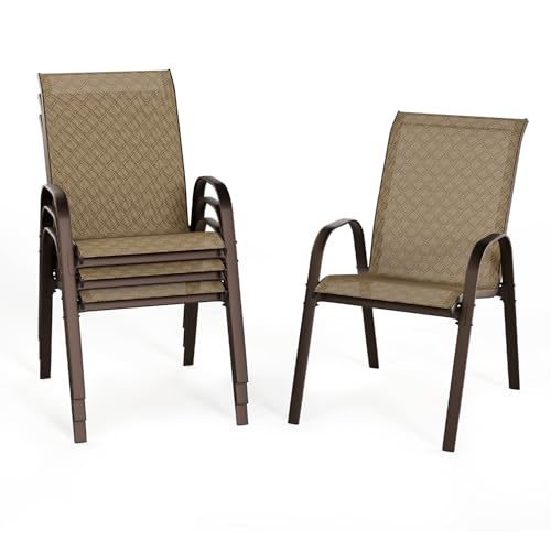SWITTE Patio Chairs Set of 4 with Armrests, Outdoor Stackable Dining Chairs with Breathable Backrest and Metal Frame for Lawn, Garden, Deck, Poolside, Beige