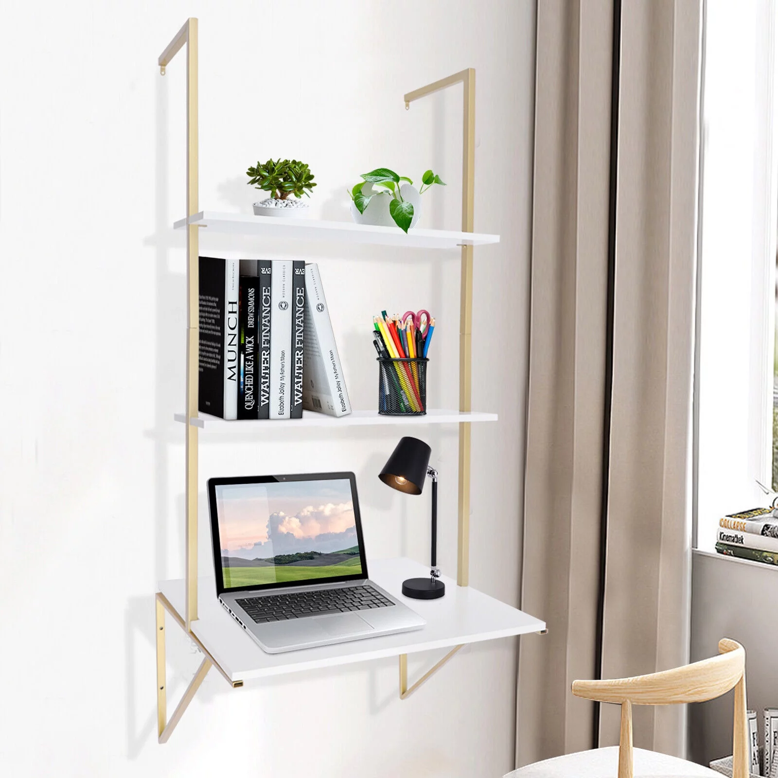 Wall-mounted Desk 3 Tier White Ladder Desk Max. Load: 20kg/44.09lbs W/Brackets 3-Tier Ladder Shelf Bookcase Bookshelf Drawers Wall Mount Living Room Bedroom Wall Mount Ladder Desk