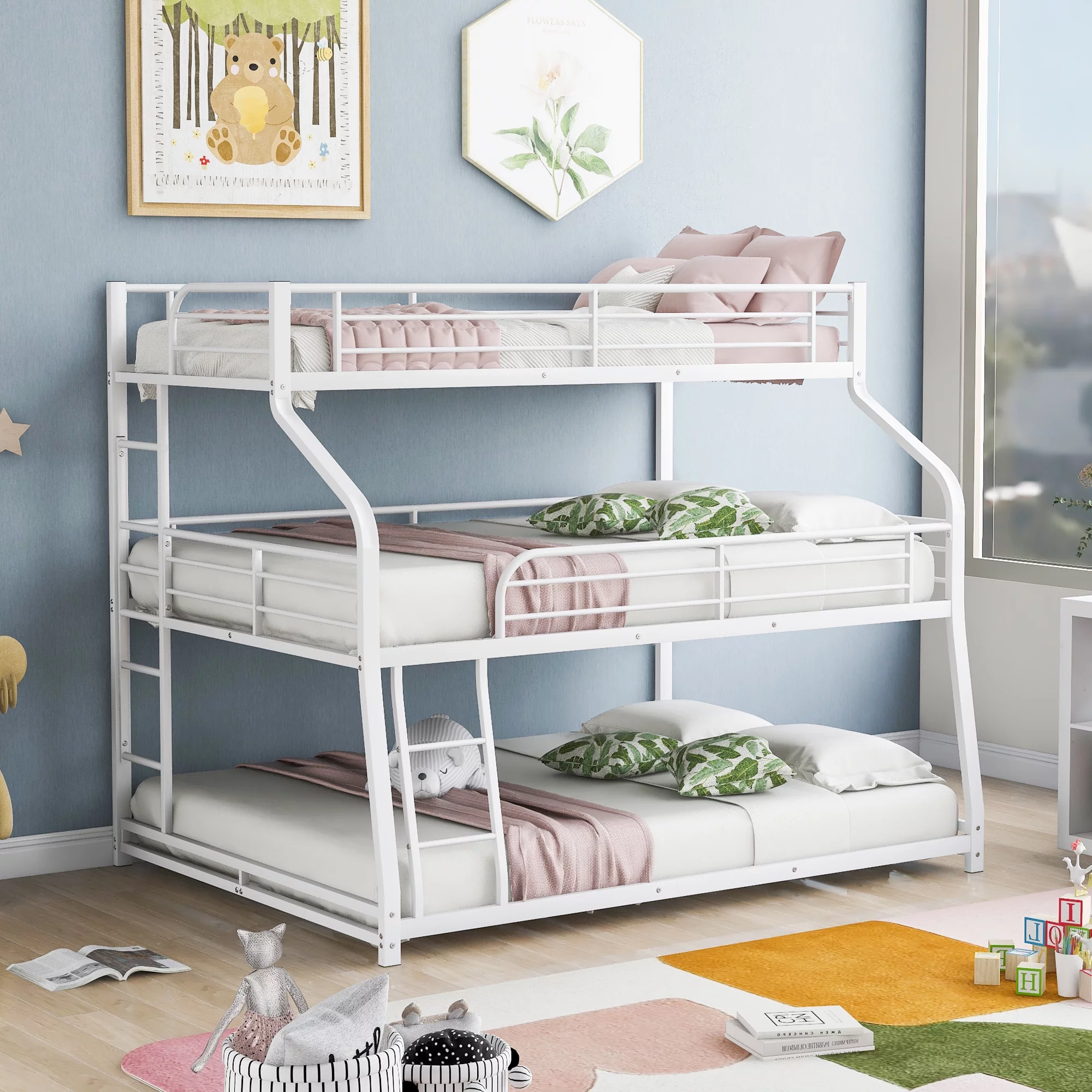 Euroco Metal Triple Bunk Bed, Twin-XL over Full-XL over Queen Size for Kids and Adults Room, White