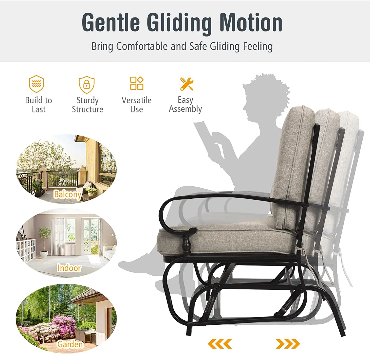 Outdoor Glider Bench Patio Loveseat with Cushions, 2-Person Outdoor Rocking Chair, Porch Glider Swing for Garden, Backyard, Poolsise, Patio Seating Rocker (Beige)