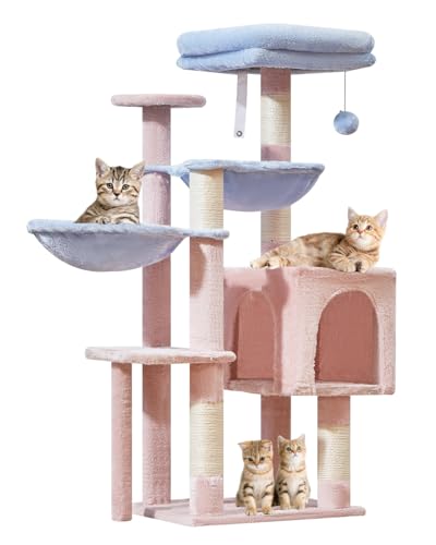 Taoqimiao Cat Tree, 39.4-Inch Cat Tower for Kittens, Cat Tree Tower with 5 Scratching Posts, Plush Cat Condo with Plush Perch, 2 Hammock, Pompoms, Smoky Gray MS019G