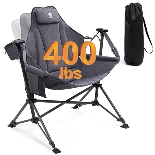EVER ADVANCED Padded Hammock Camping Chair, Oversized Heavy Duty Swing Chair with Detachable Cup Holder, Portable Folding Rocking Camping Chair for Outdoor&Indoor, Support Up to 400lbs, Grey