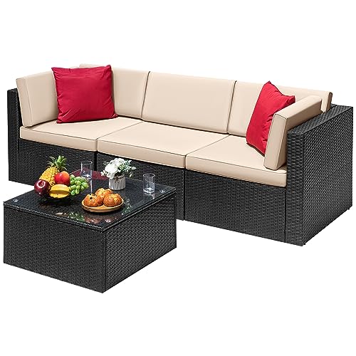 Devoko Patio Furniture Sets 6 Pieces Outdoor Sectional Rattan Sofa Manual Weaving Wicker Patio Conversation Set with Glass Table and Cushion (Beige)