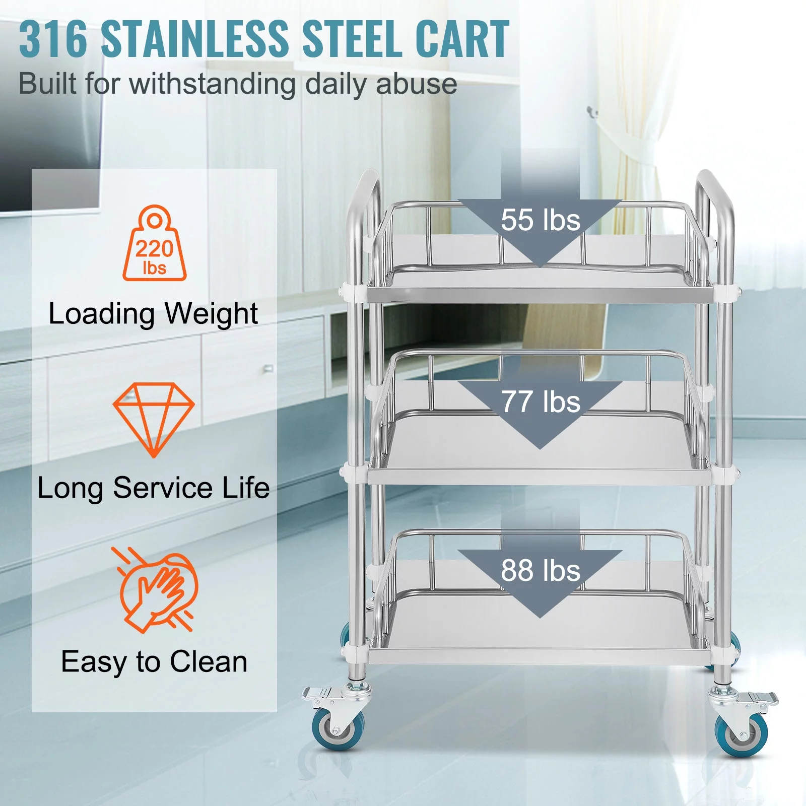 BENTISM 3-Layer Stainless Steel Lab Medical Equipment Cart Trolley