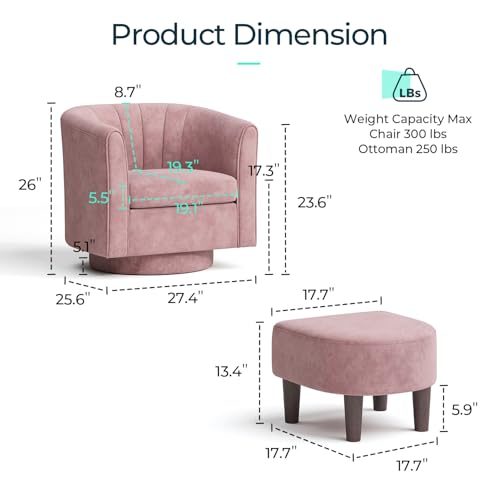 LINSY Swivel Accent Chair Ottoman Set: Velvet Small Barrel Chair with Foot Rest, Modern Reading Chair Upholstered Armchair with Footrest for Living Room Bedroom Study Room Office (Yellow)