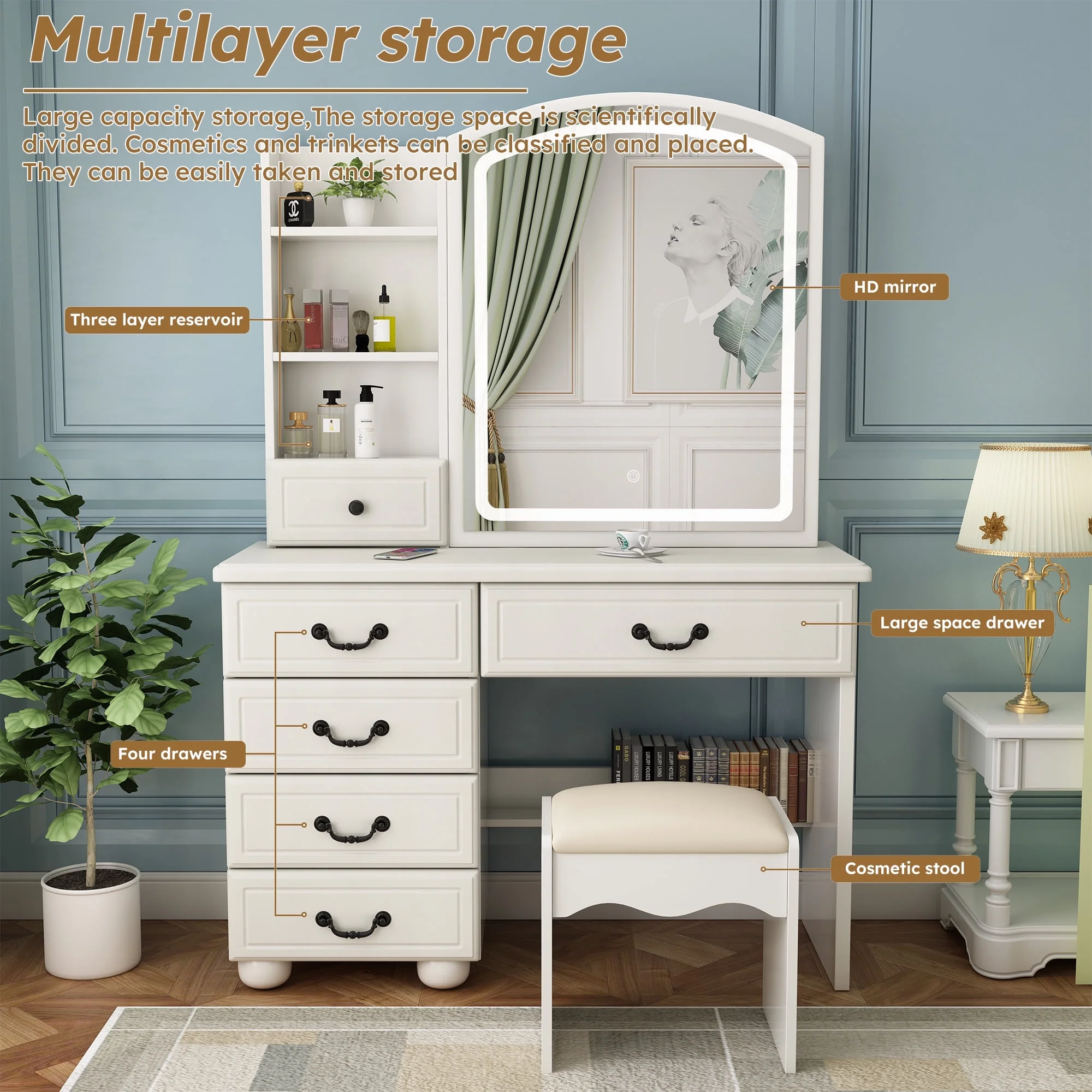 Leavader Vanity Desk with Mirror and Led Lights, Makeup Vanity Table Set with 3 Color Lighting Brightness Adjustable, 6 Drawers, White Color Dress Vanity Table