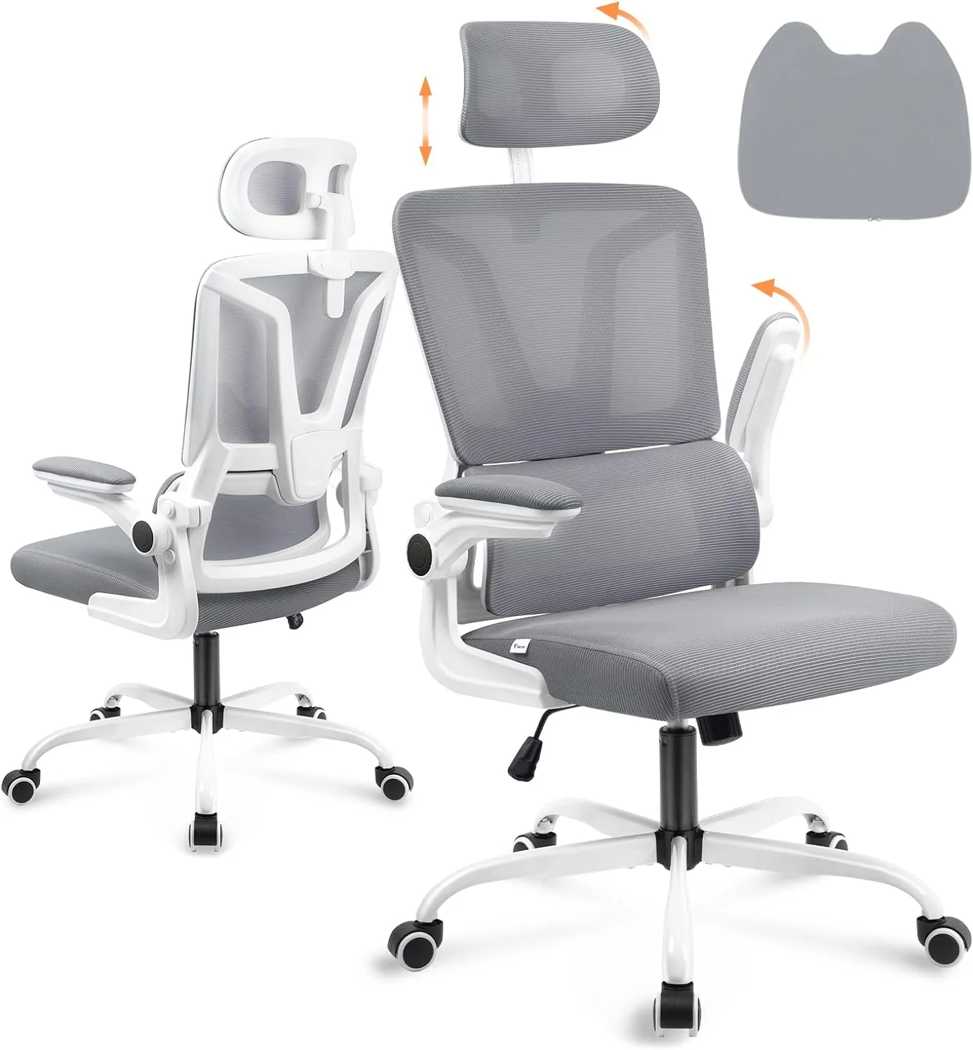 WANHUI Ergonomic Office Chair with Lumbar Support Pillow, Mesh Office Chair with Headrest & Adjustable Arms, Rocking Office Desk Chair, Comfortable Ergonomic Chair - Dark Grey