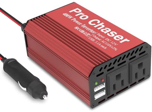 Pro Chaser 400W Power Inverters for Vehicles - DC 12v to AC 110v Car Inverter Converter, 6.2A Dual USB Charging Ports, Dual AC Adapter for Laptops Air Compressor