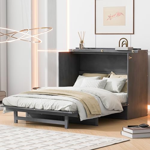 Harper & Bright Designs Full Size Murphy Bed with USB Ports and Drawer,Wood Cabinet Bed with Charging Station, Full Chest Bed with Storage,Folding Wall Bed for Bedroom Guest Room, White