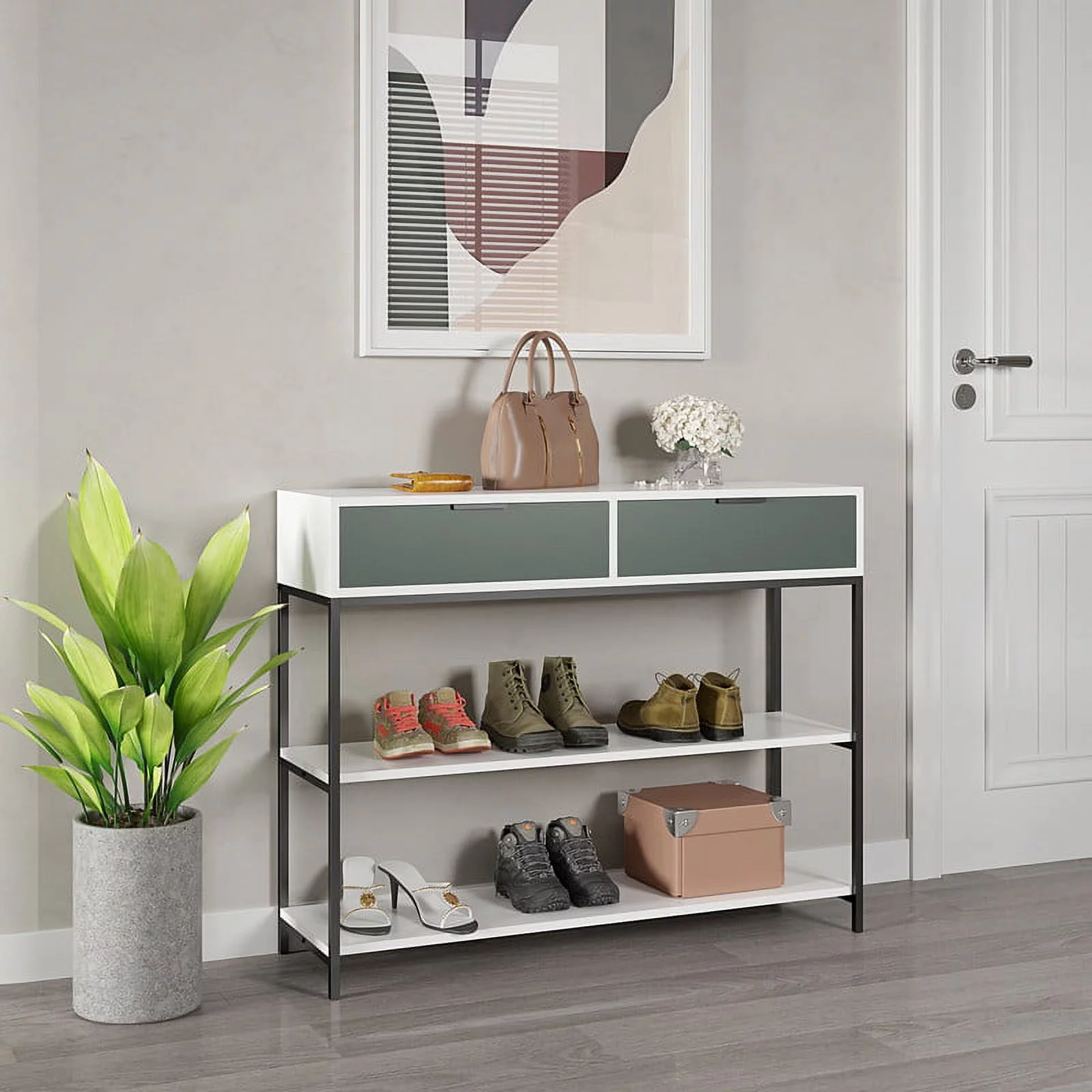 White and Light Green Wood Console Table Steel Frame with Shelves and Drawers