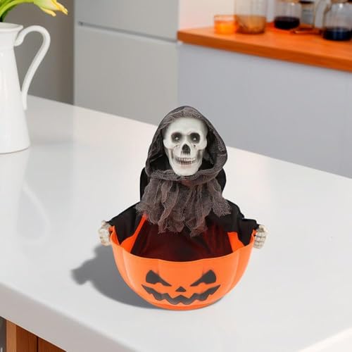 Halloween Candy Bowl,Halloween Decorations Animated Skeleton Candy Dish with Motion Activated, Screaming Witch Holder,Skull Candy Tray Holder Snack with Hand Skulls Serving Bowl Desk Decor