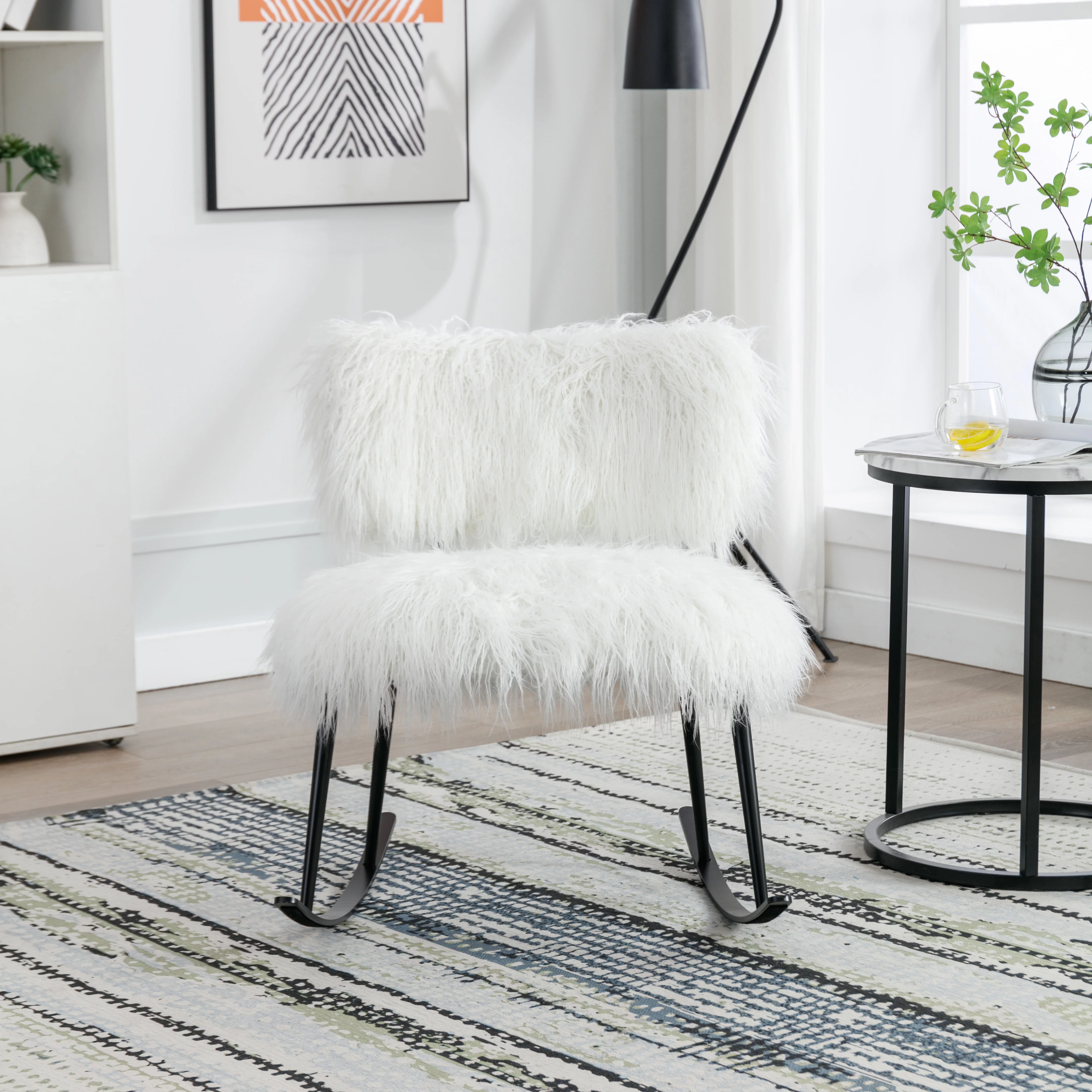 paproos 25.2'' Wide Faux Fur Plush Nursery Rocking Chair, Baby Nursing Chair with Metal Rocker, Fluffy Upholstered Glider Chair, Comfy Mid Century Modern Chair for Living Room, Bedroom, White